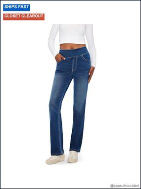 High Rise Bootcut Jeans Women Pull On Elastic Waist Stretch Denim